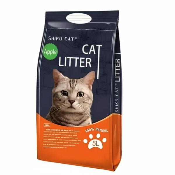 Bag of Shiko Cat Apple Cat Litter with a cat's face on the packaging.