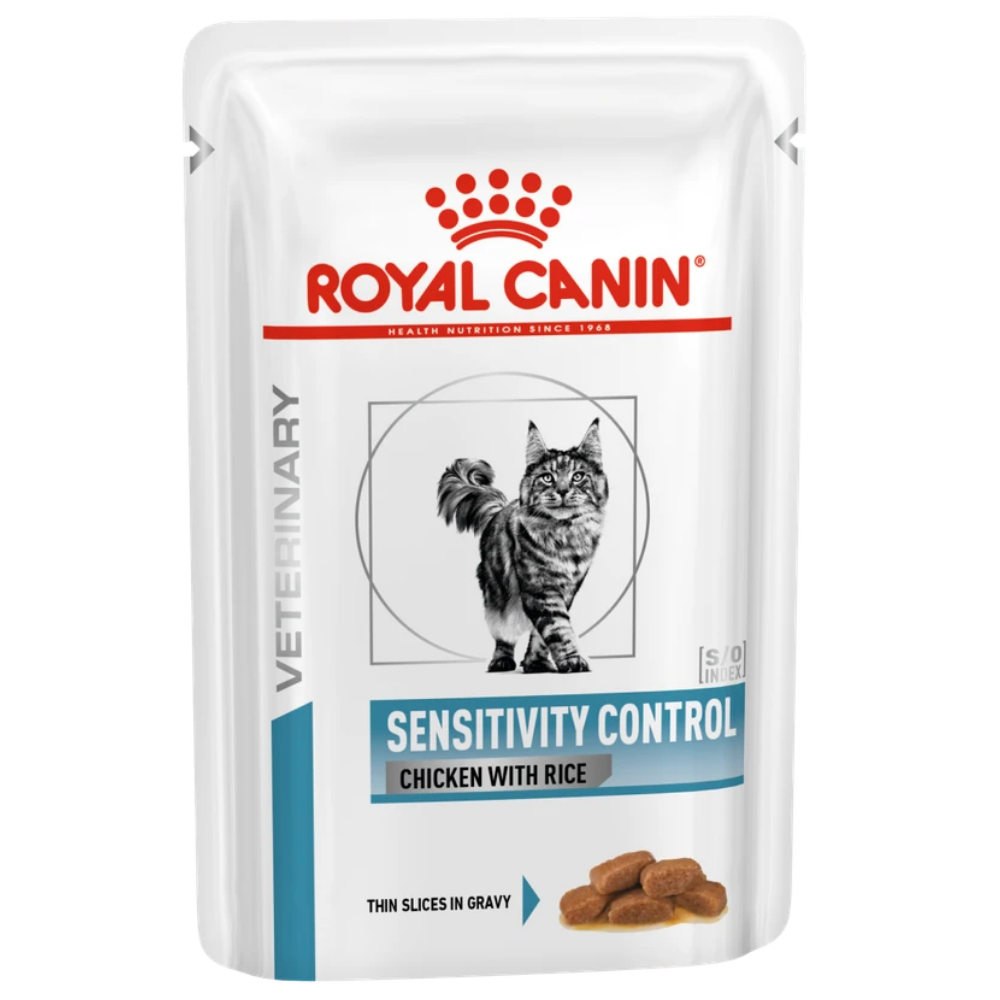 Royal Canin Sensitivity Control cat food pouch with a cat illustration on a white background
