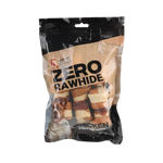 Package of MCH Zero Rawhide Chicken knotted bones for dogs on a white background