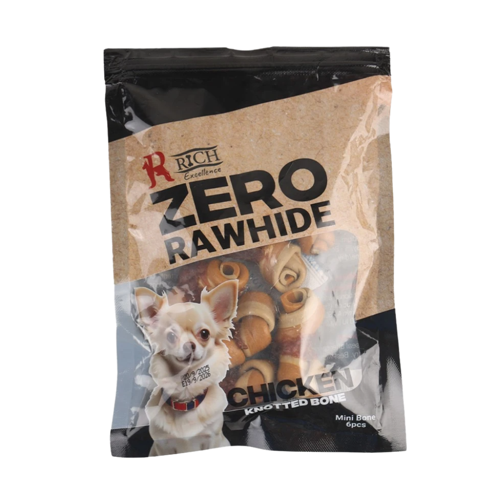 Package of Rich Zero Rawhide Chicken Knotted Bones for dogs on a white background