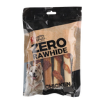 Package of Rich Zero Rawhide Chicken Sticks for dogs on a white background