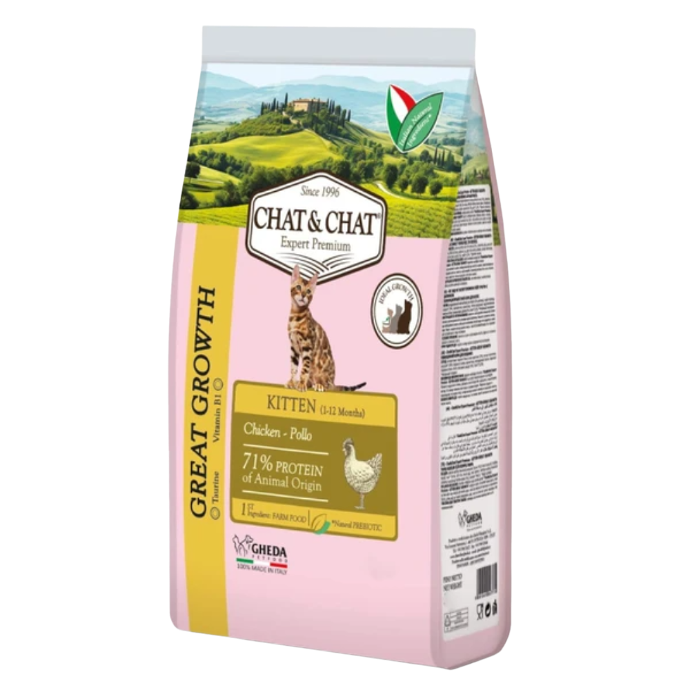 Cat food package with scenic design and 'Chat & Chat' branding