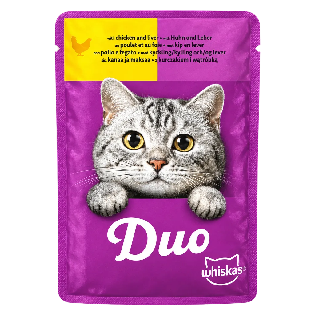 وجه عبوة Whiskas Duo بخلفية بيضاء
