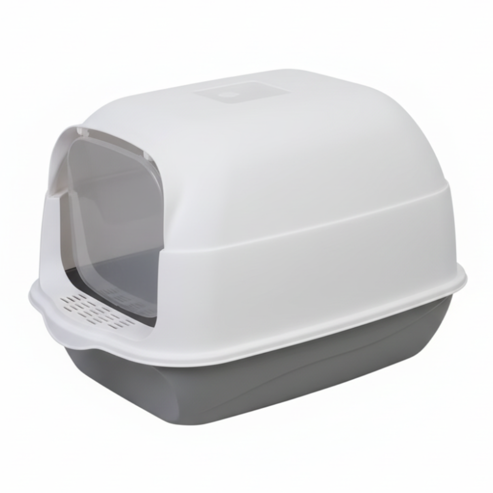 Pet litter box with a white top and gray base on a white background