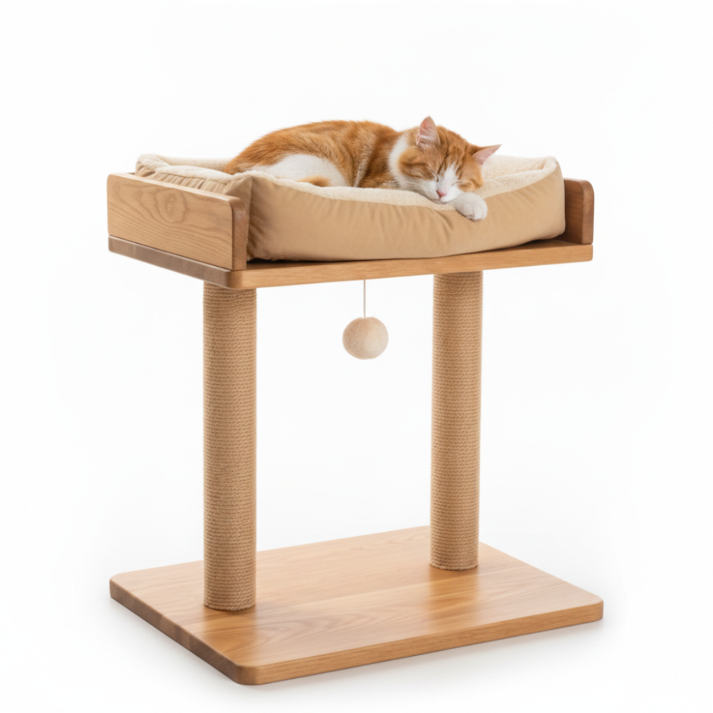 Cat resting on a wooden cat tree with a cushion on a white background