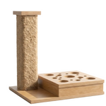 Wooden cat scratching post with puzzle box on white background
