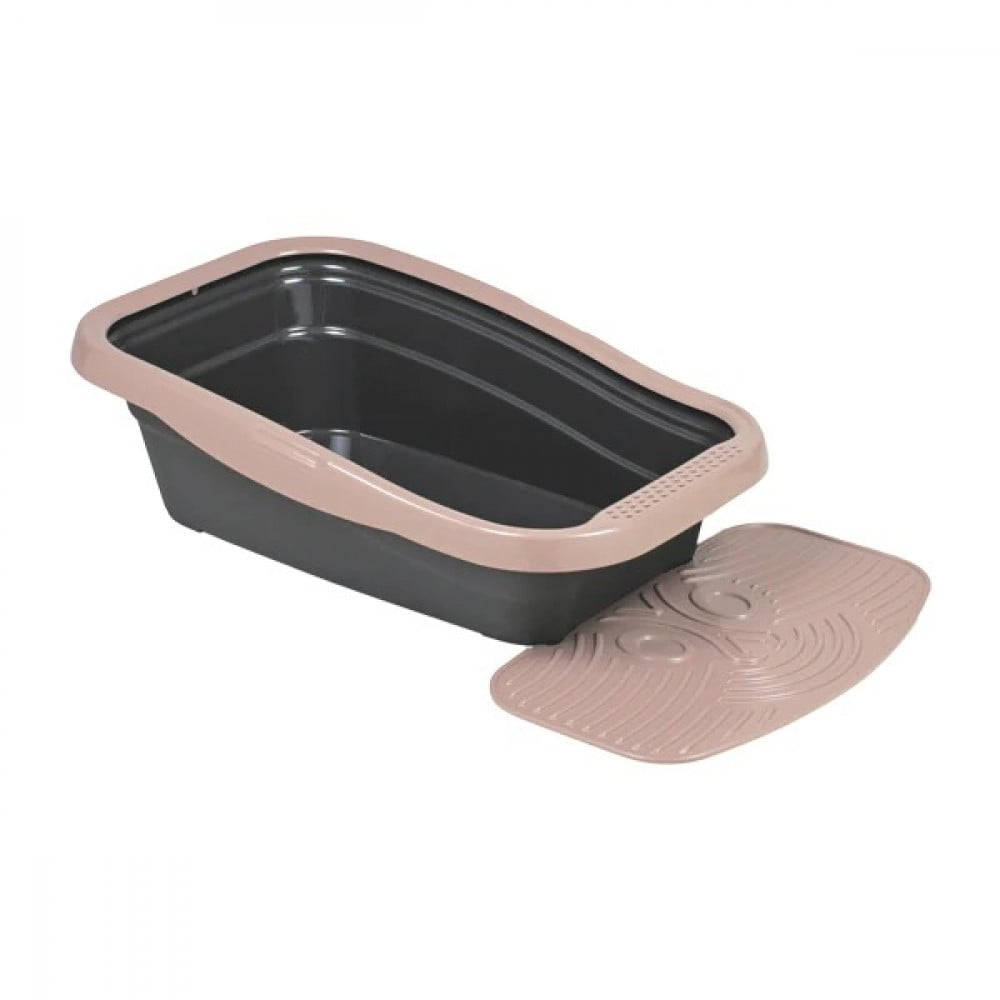Rectangular pet litter box with a pink lid on a white background