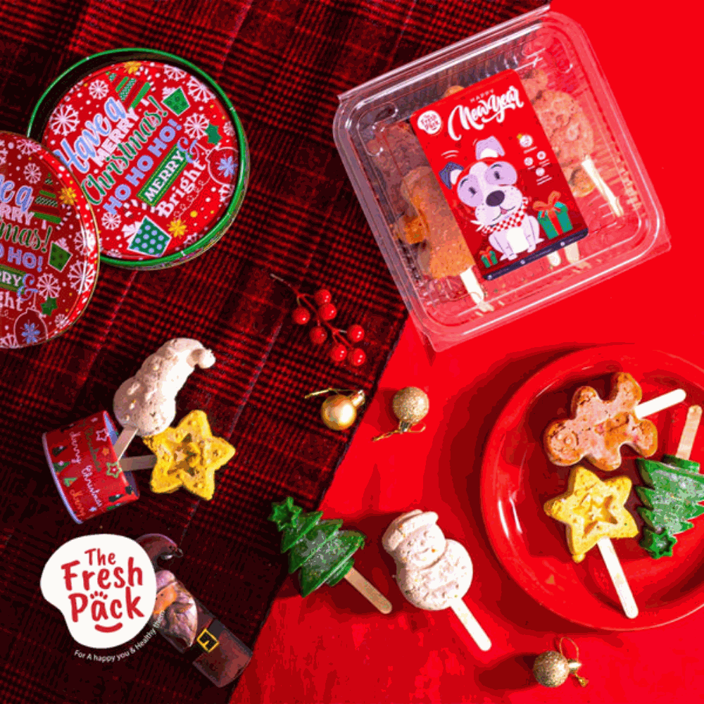 Christmas-themed treats on a red surface with 'The Fresh Pack' branding.