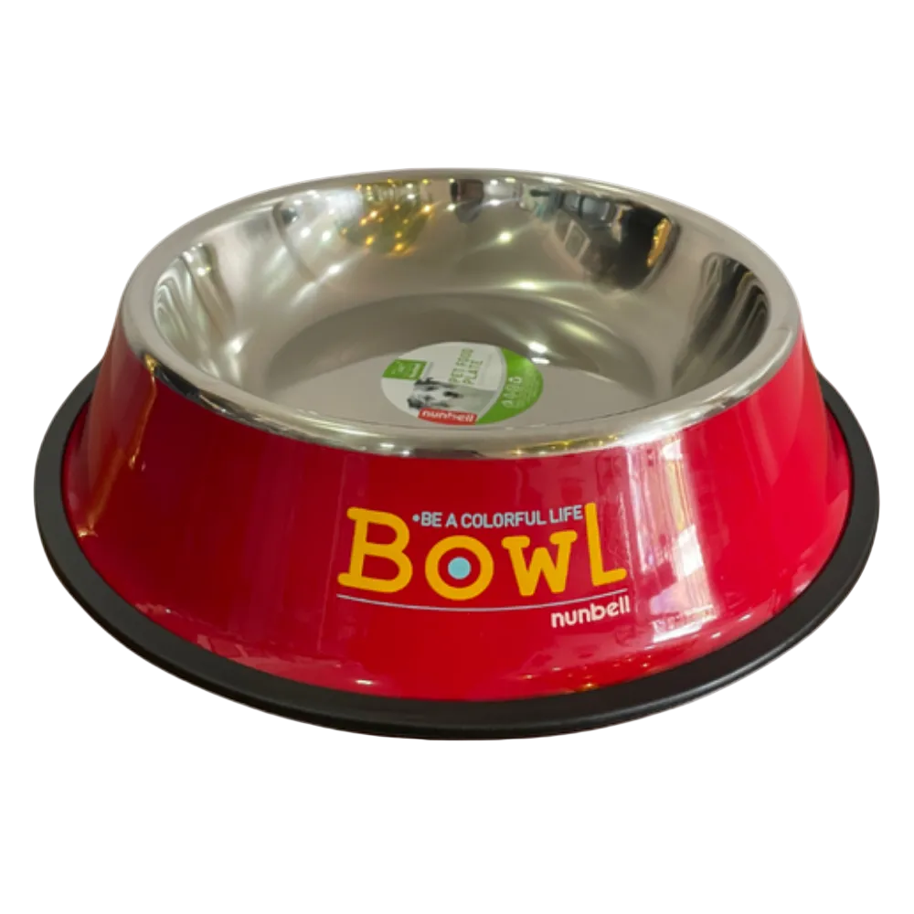 Red pet bowl with 'Be a Colorful Life' text and 'nunbell' branding on a white background
