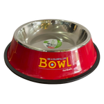 Red pet bowl with 'Be a Colorful Life' text and 'nunbell' branding on a white background