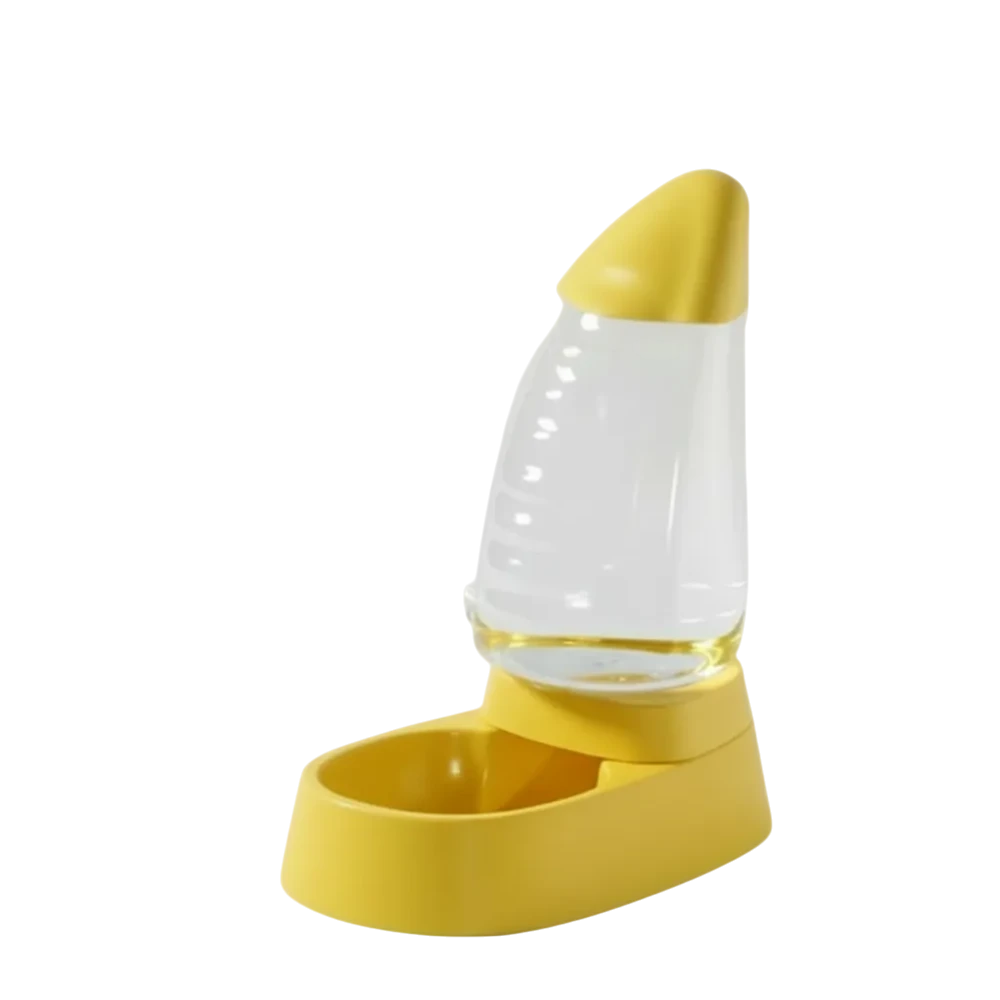 Yellow pet feeder on a white background with 'Orange Feeder' text.