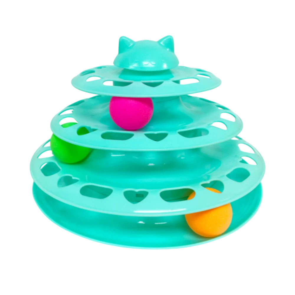 Turquoise cat toy with multiple levels and colorful balls on a white background