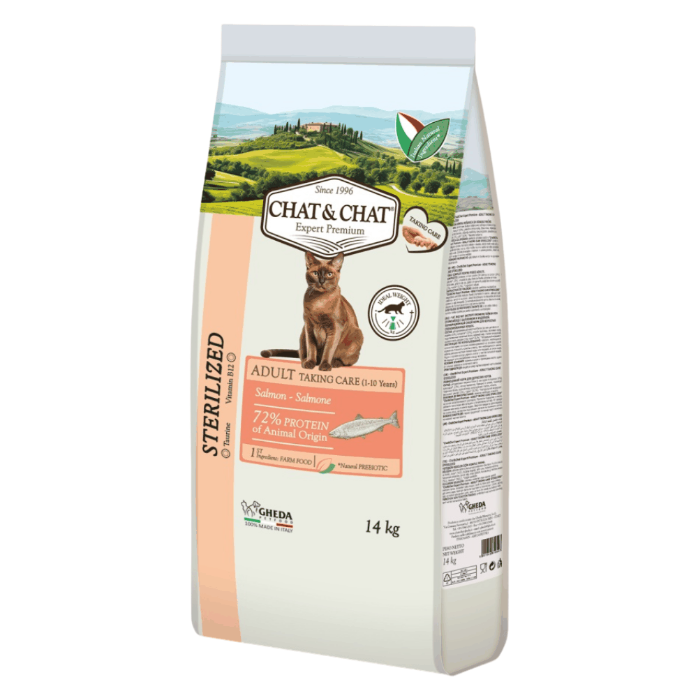 Bag of Chat & Chat cat food for sterilized adults on a white background