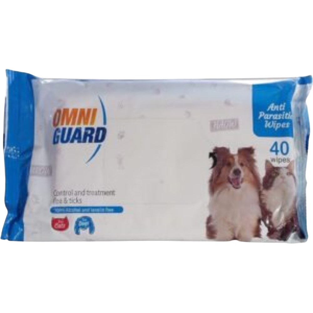 Pack of Omni Guard dog wipes with a dog on the packaging on a white background