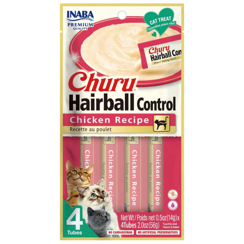 Packaging of Churu Hairball Control Chicken Recipe cat treats by INABA on a white background.