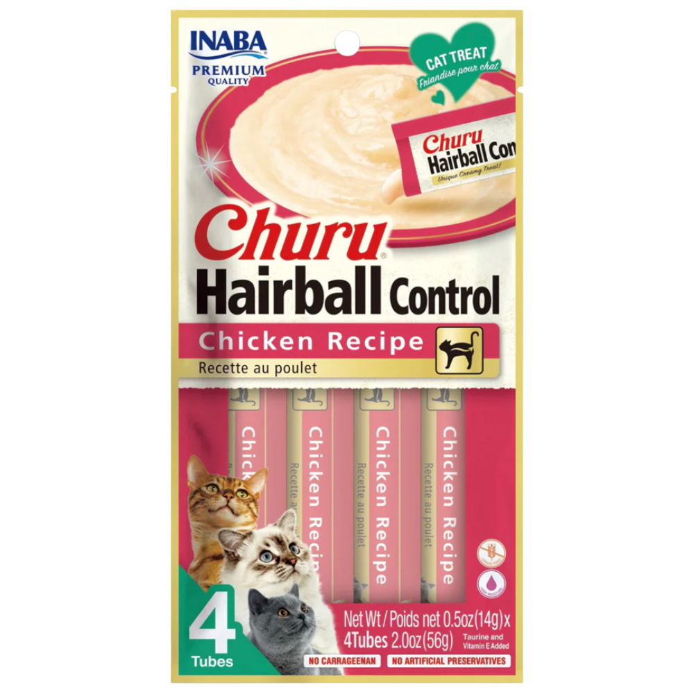 Packaging of Churu Hairball Control Chicken Recipe cat treats by INABA on a white background.