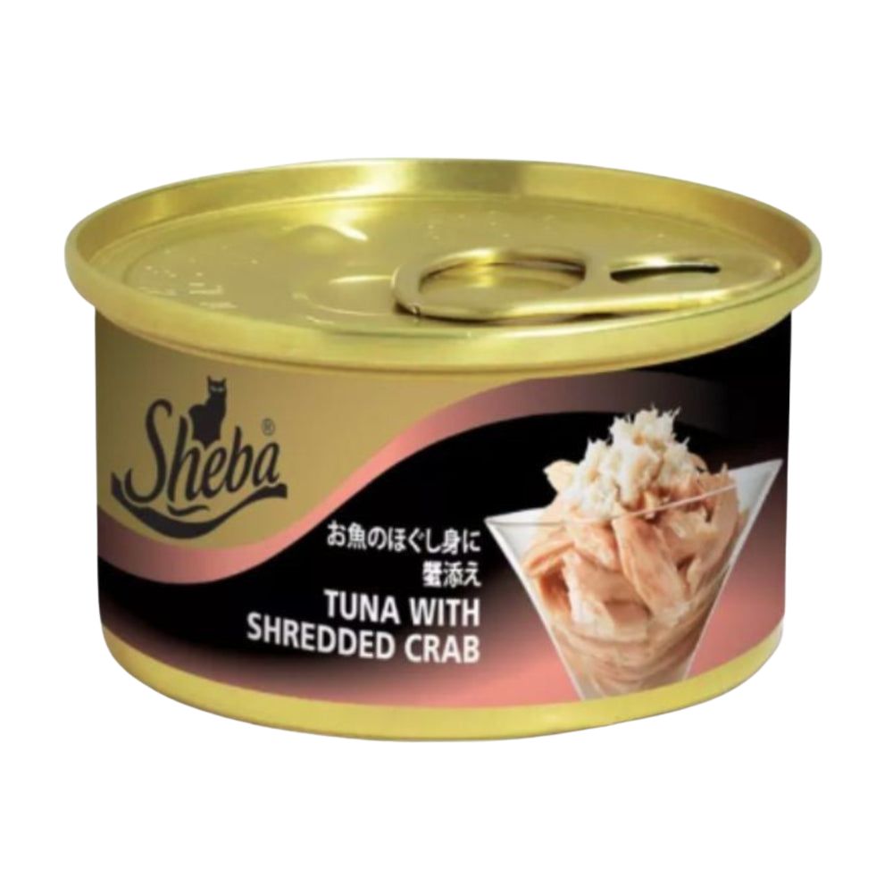 Can of Sheba tuna with shredded crab on a white background