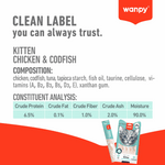 Wanpy kitten food packaging with nutritional information on a white background