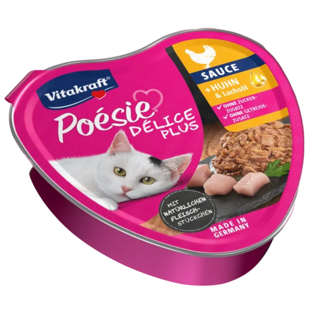 Cat food container with pink lid featuring a white cat and text on a white background