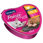 Cat food container with pink lid featuring a white cat and text on a white background