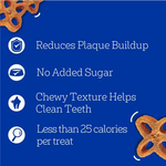Blue background with dental health benefits of a chewy treat, including plaque reduction, no added sugar, and calorie count.