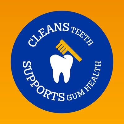 Blue circular logo with toothbrush and tooth graphic on orange background