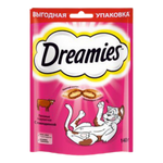 Dreamies cat treat packaging with a pink background and cartoon cat illustration.