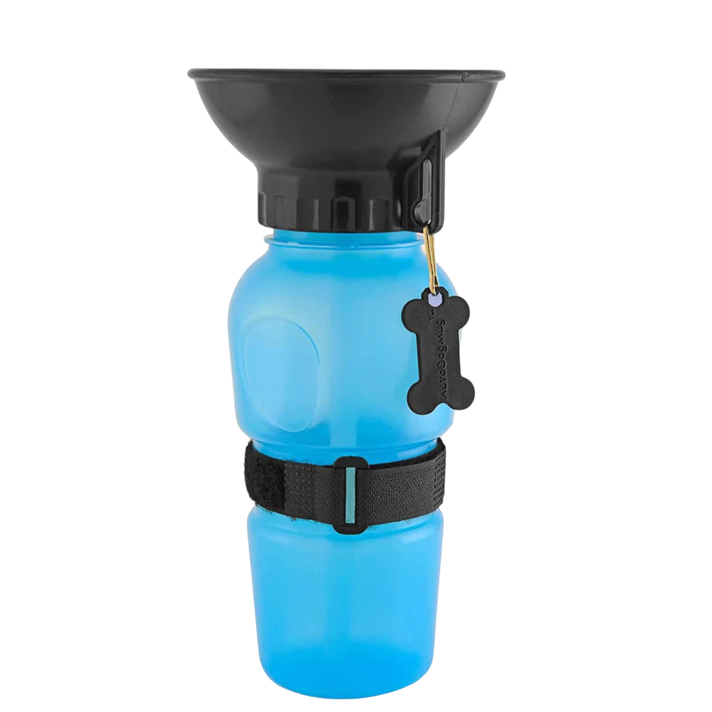 Blue pet water bottle with black funnel and collar on a white background