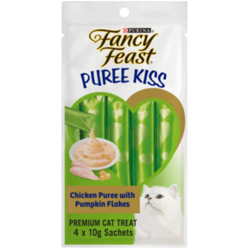 Fancy Feast Puree Kiss cat treat package with chicken puree and pumpkin flakes on a white background