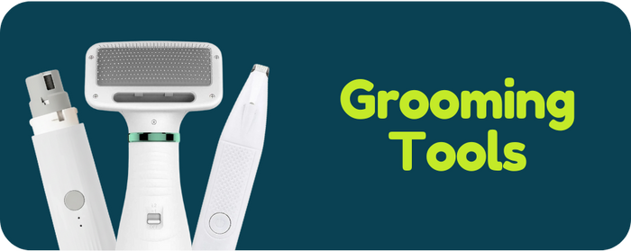Grooming tools with a green 'Grooming Tools' label on a blue background
