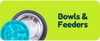 Pet bowls with a green label indicating 'Bowls & Feeders' on a white background