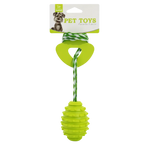Green pet toy with a string on a white background