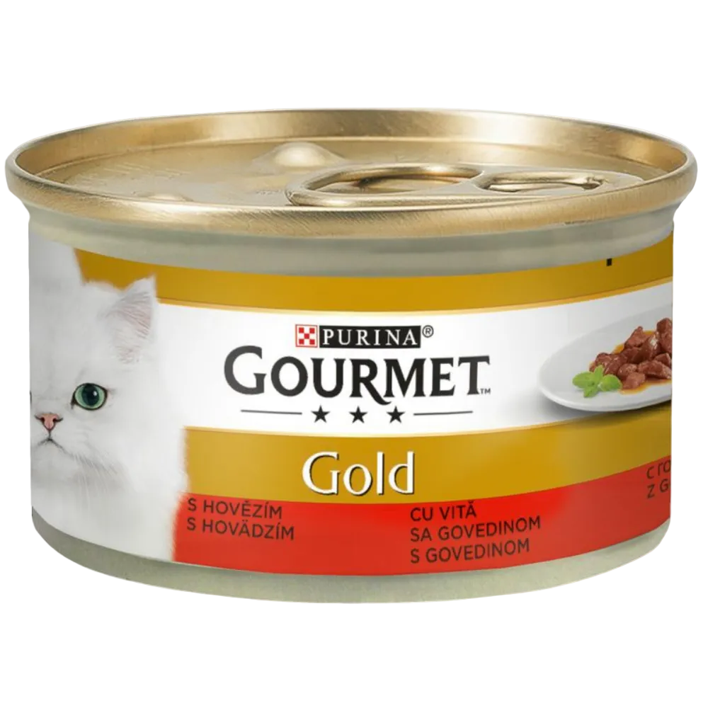 Purina Gourmet Gold cat food can with a white background