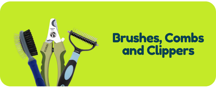 Set of grooming tools including brushes, combs, and clippers on a green background with text.