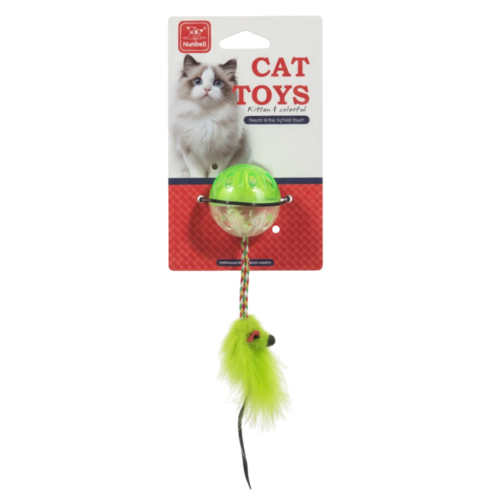 Cat toy with green feather on a white background