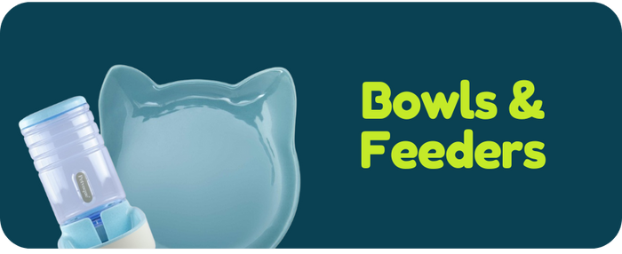 Cat water bottle and bowl with 'Bowls & Feeders' text on a dark green background
