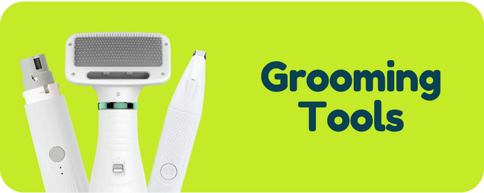 Grooming tools including a hair removal device and a trimmer on a green background with 'Grooming Tools' text.