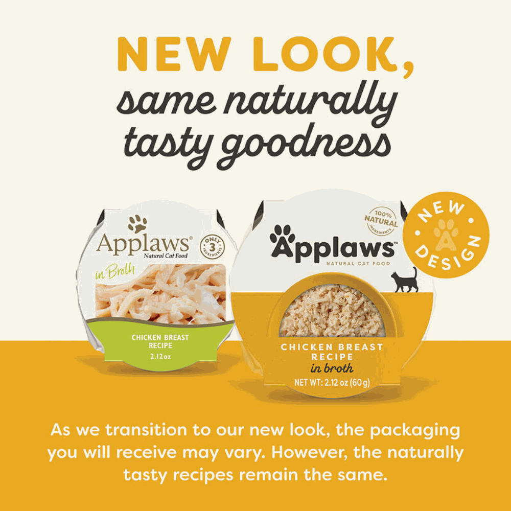 Two Applaws cat food packages with text about new packaging design.