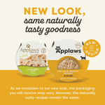 Two Applaws cat food packages with text about new packaging design.
