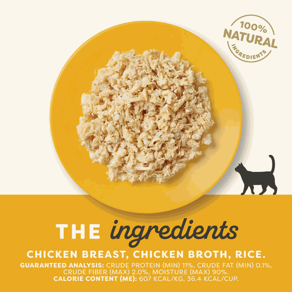 Cat food with chicken breast, chicken broth, and rice on a yellow plate, featuring '100% Natural' label.