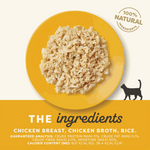 Cat food with chicken breast, chicken broth, and rice on a yellow plate, featuring '100% Natural' label.