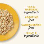 Yellow plate with a serving of food and text highlighting natural ingredients and free claims on a white background