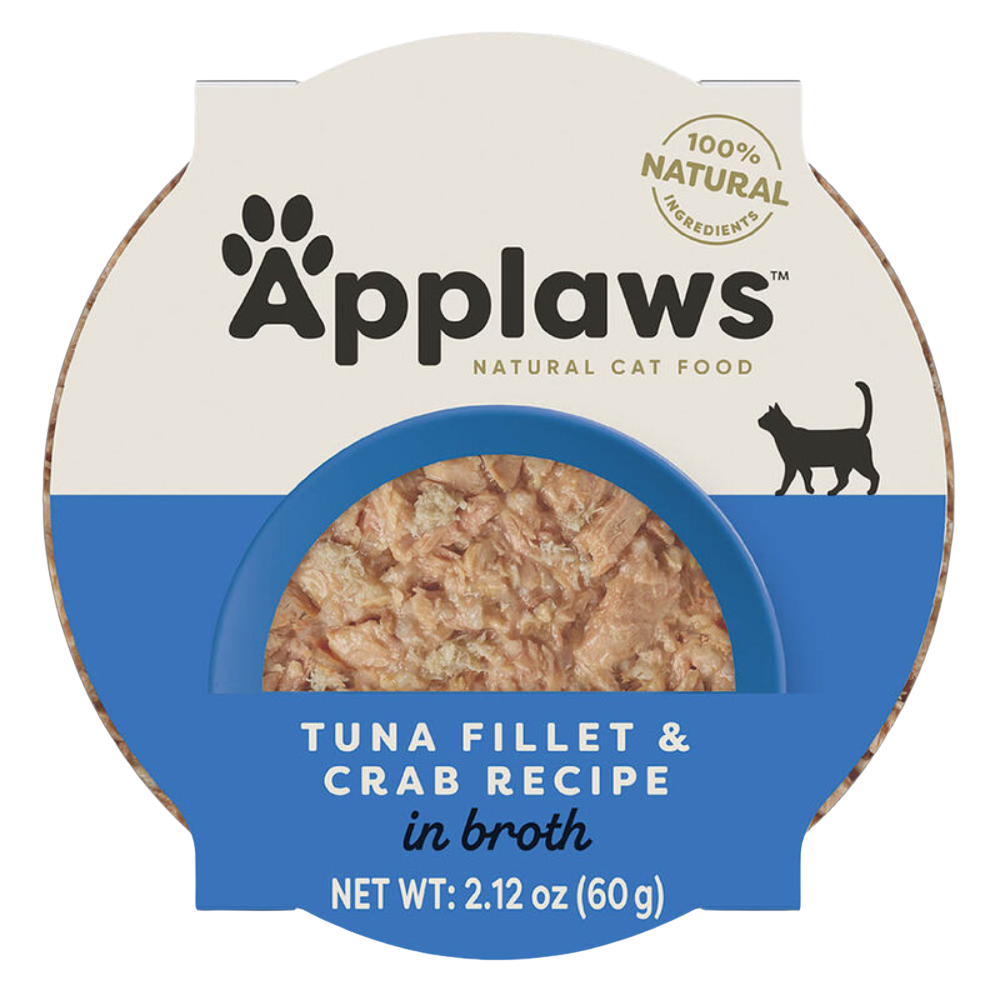 Applaws natural cat food container with tuna fillet & crab recipe on a white background