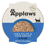 Applaws natural cat food container with tuna fillet & crab recipe on a white background