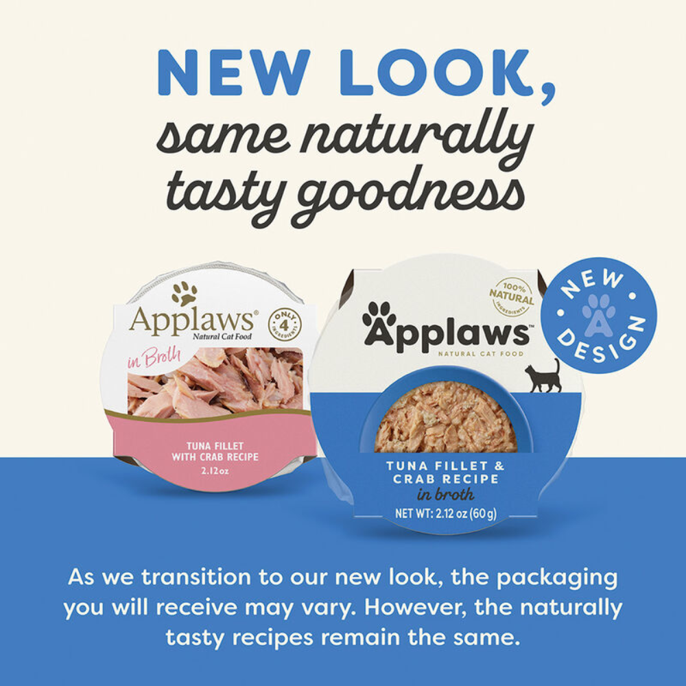 Two Applaws cat food containers with text about new packaging design.