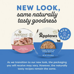Two Applaws cat food containers with text about new packaging design.