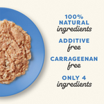 Blue plate with ground meat and text highlighting '100% natural ingredients', 'additive free', 'carrageenan free', and 'only 4 ingredients'.
