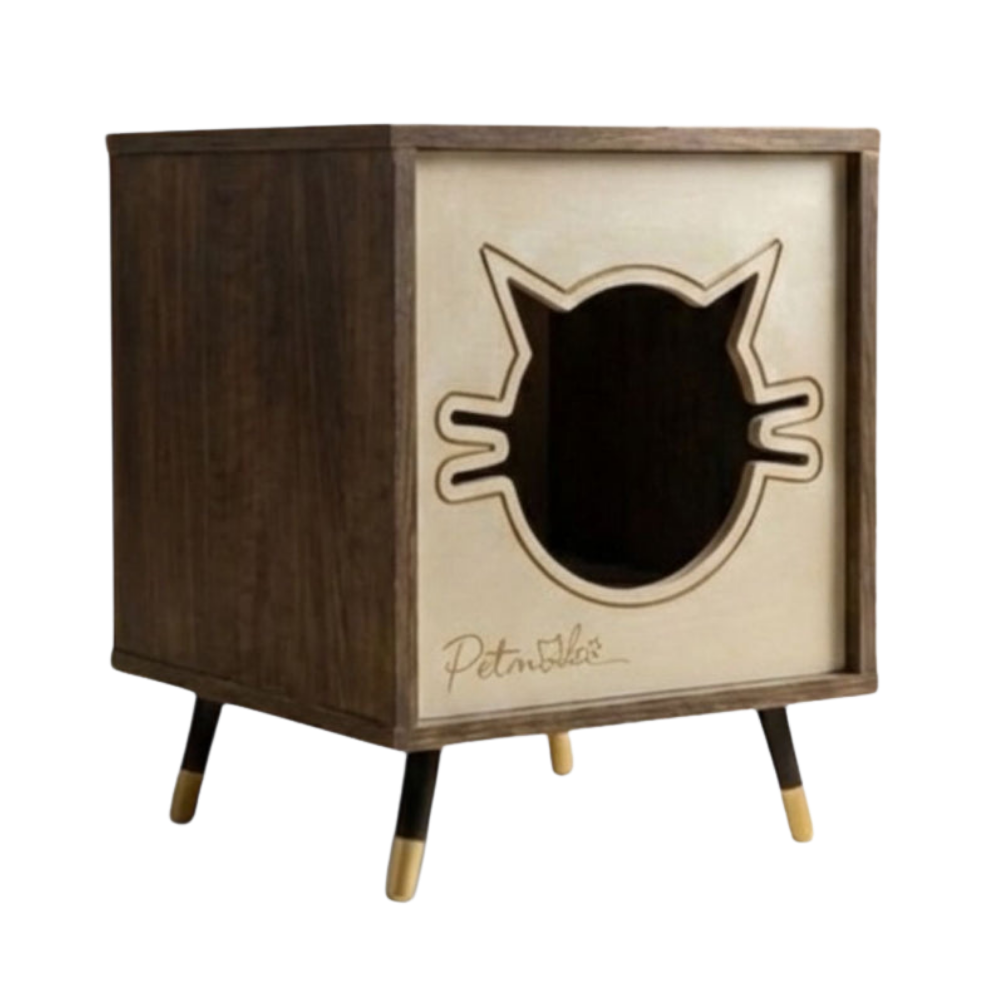 Wooden pet bed with a black cat silhouette design on a white background