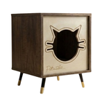 Wooden pet bed with a black cat silhouette design on a white background