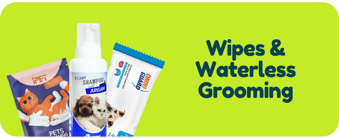 Pet grooming products including wipes and waterless grooming on a green background with text.